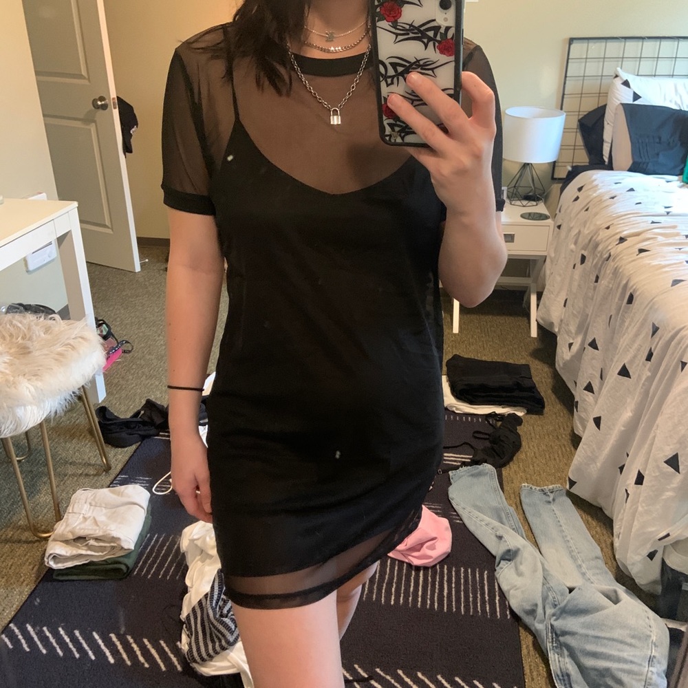 black slip dress with mesh dress over